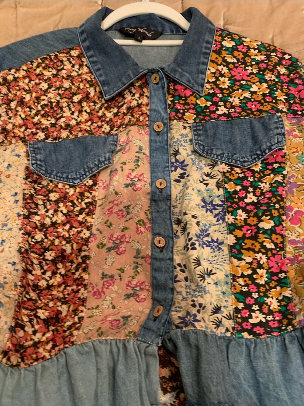 Patchwork Floral Button-Up Shirt with Denim Trim - Blue